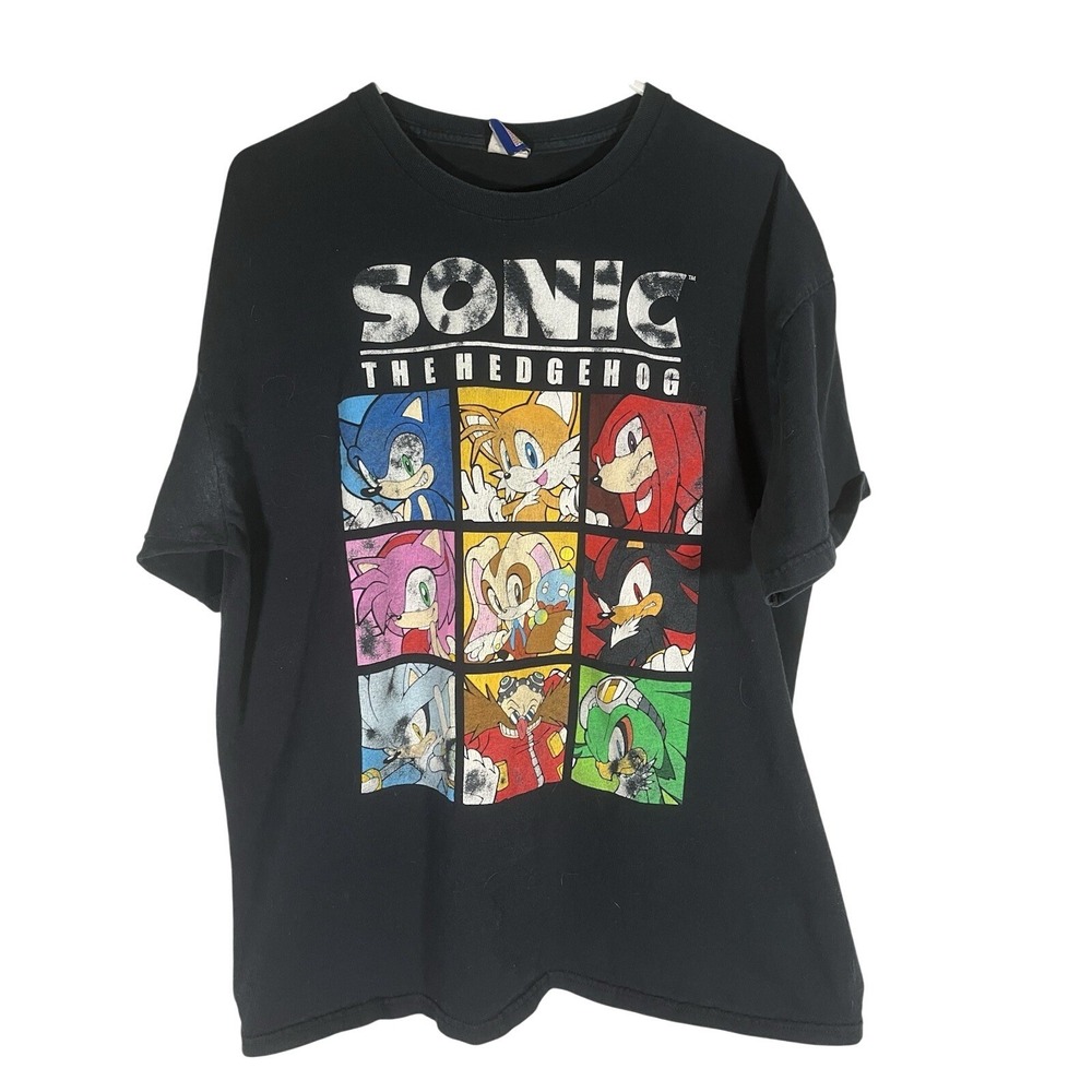 Vintage Y2K Sonic The Hedgehog Gangs Black Faded T Shirt Size XL